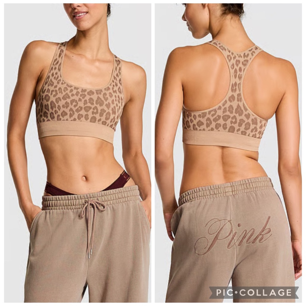 Victoria’s Secret PINK Brown Tan Leopard Scoop Neck Raceback Sports Bra L NWOT